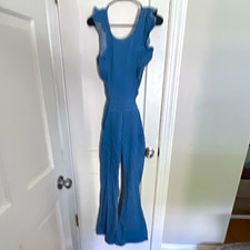 Vintage Denim Ruffle Scoop Neck Open Back Flared Leg Jumpsuit Zip Womens Size S