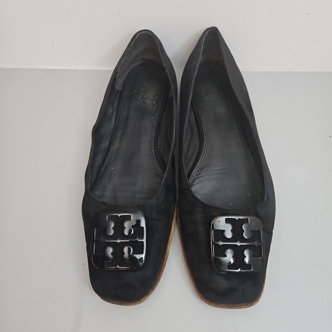 Tory Burch Georgia Ballet Flat Black Leather Suede Square Toe Logo Size 10M thumbnail 3