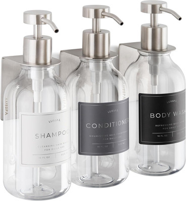 Shower Shampoo Dispenser Wall Mounted   3 Refillable 16.9 Oz Clear Bottles with
