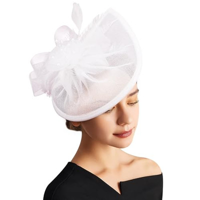  Women Fascinator Hats Tea Party Hat Vintage Pillbox 1 Pc Feather Flower: White