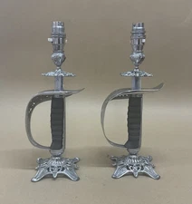 Pair Of Antique Officer Sword Hilts Later Converted Chromed Table Lamps