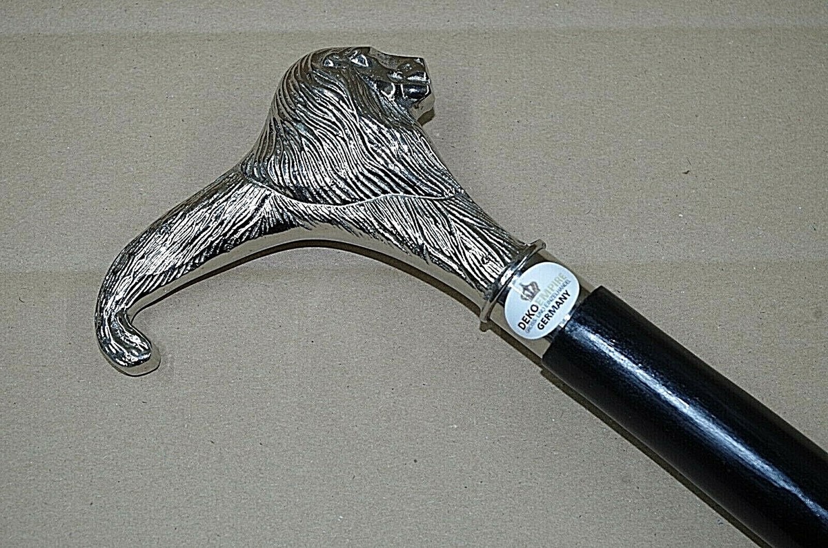 Gehstock Aus Hartholz Mit Löwen-Griff – 90 Cm, Vernickelt, Bis 100 Kg Belastbar