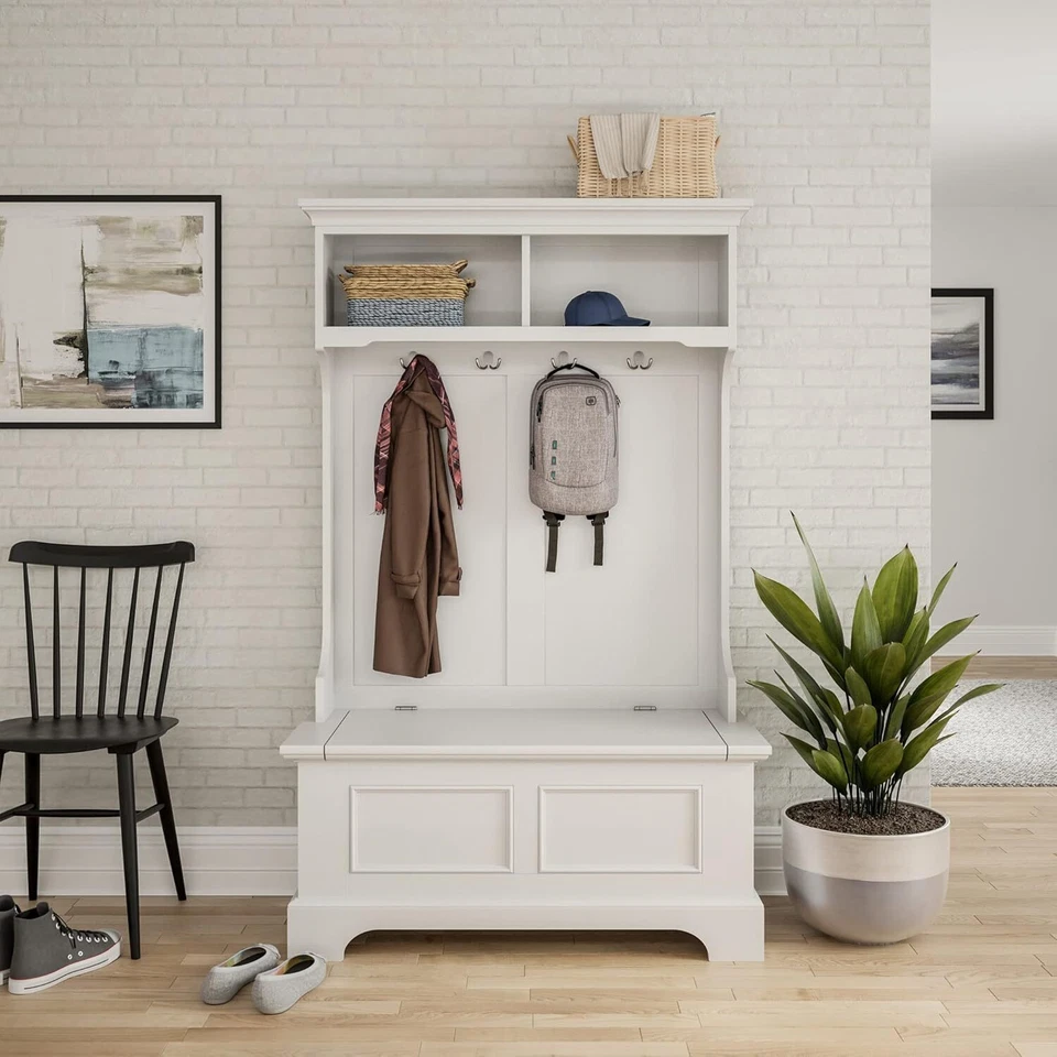 Banco de almacenamiento entrada blanco entrada vestíbulo barro habitación estante pasillo árbol perchero madera Foto 3 de 4