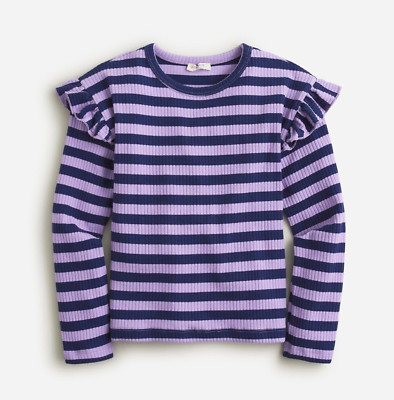 New CREWCUTS Girls Size XL Ruffle-Shoulder Ribbed T-shirt Stripe $39 BT963