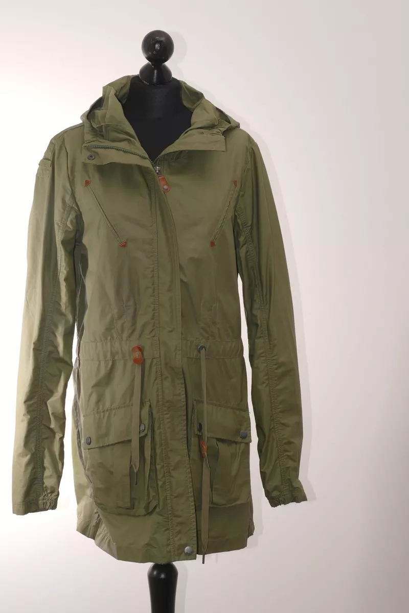 Bench Ladies Rain Jacket L Green Olive half Long Hood Waterproof Cotton