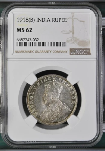 India 1 Rupee 1918B NGC MS 62