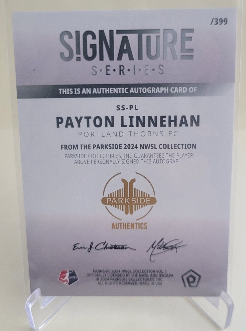 2024 PARKSIDE NWSL VOL 1 PAYTON LINNEHAN AUTO SIGNATURE SERIES SER