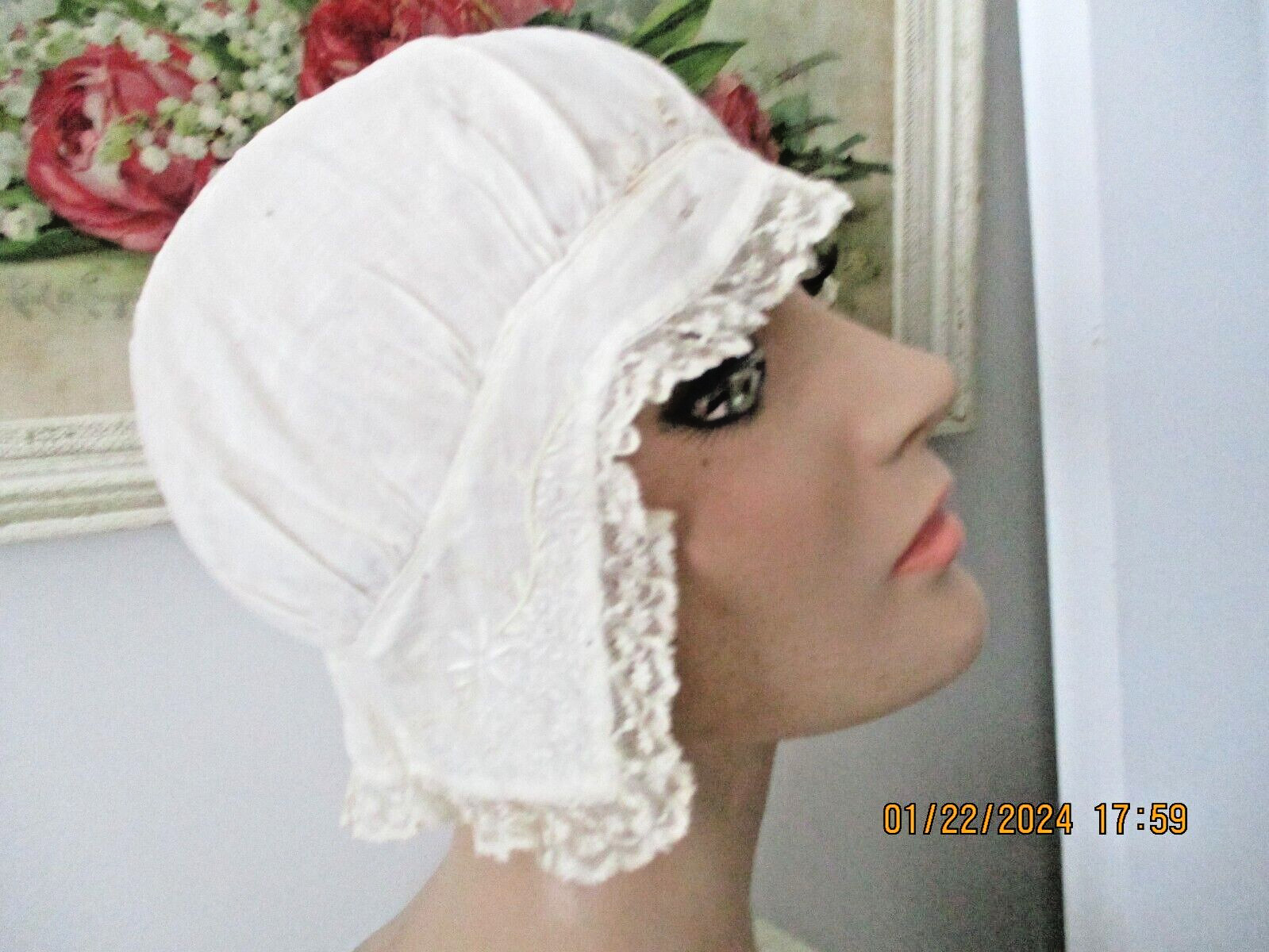 Antique Victorian Night Cap Hand Embroidered Gem