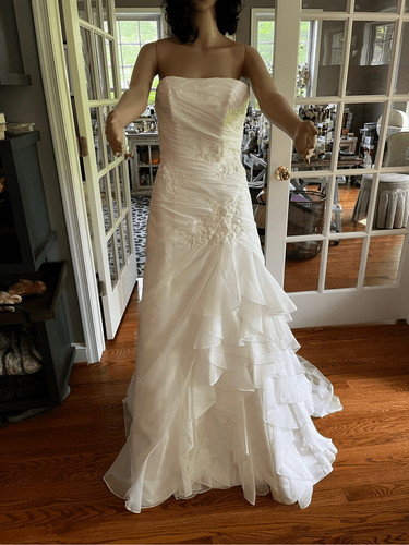 Luna Novias Strapless Wedding Dress Organza Pick Up Column Lace Applique Mermaid
