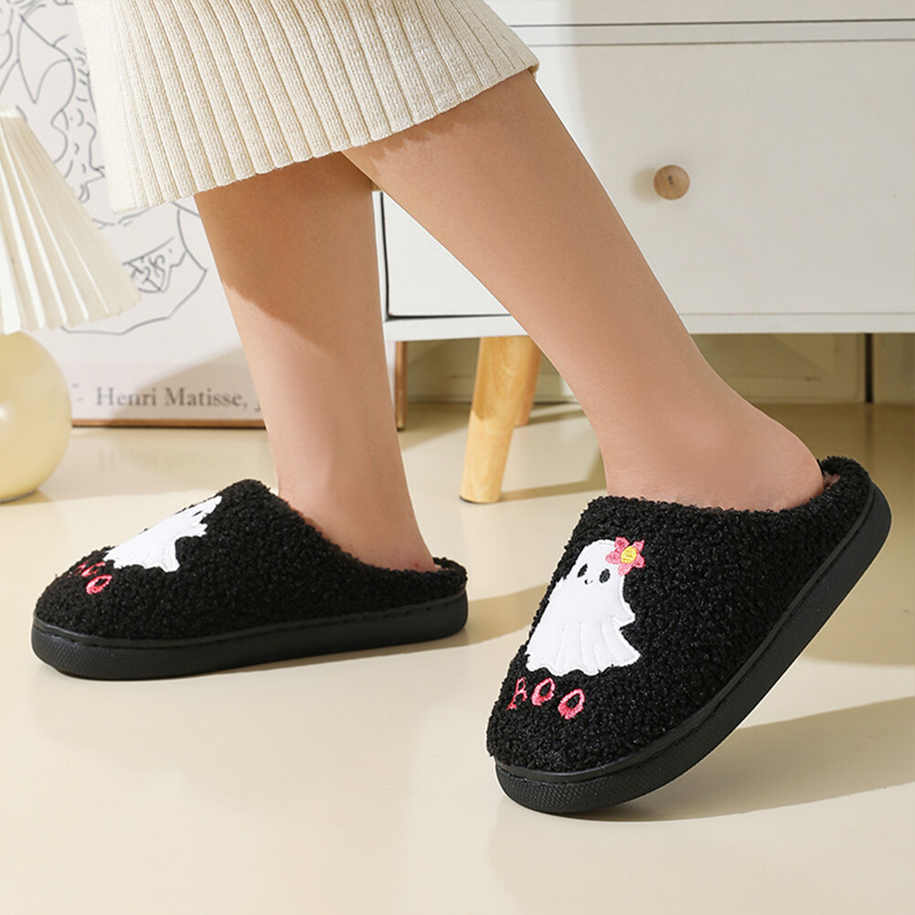 APL Halloween Ghost Plush Slippers Flat Thermal Slippers Anti Slip for Men Women