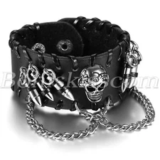 Gothic Mens Punk Black Leather Skull Bullet Chain Bracelet Wristband Bangle Cuff