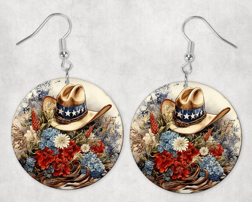 American Cowboy Hat Round Printed Wood  Dangle Earrings - Image 3 of 4