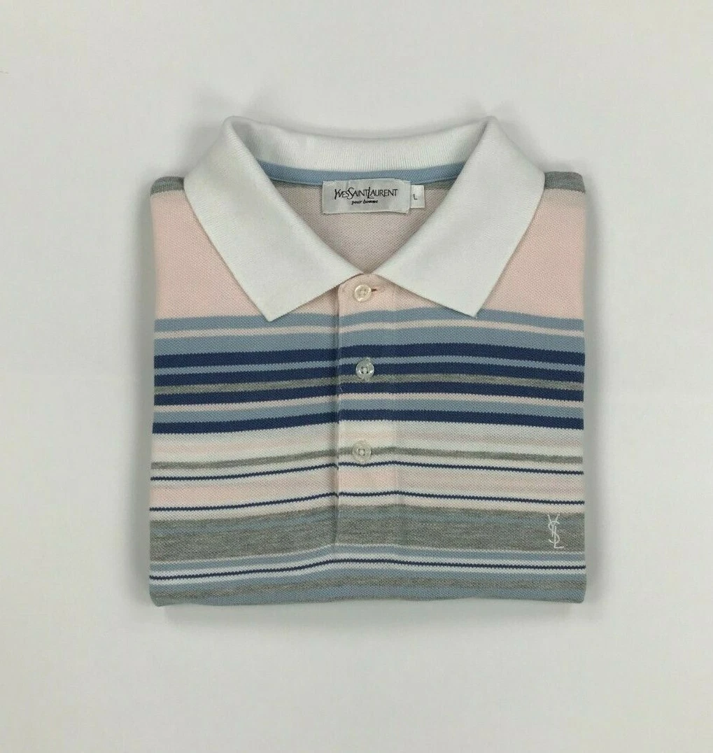 Men s Pale Pink Blue Striped Yves Saint Laurent Polo Shirt Medium Vintage A B