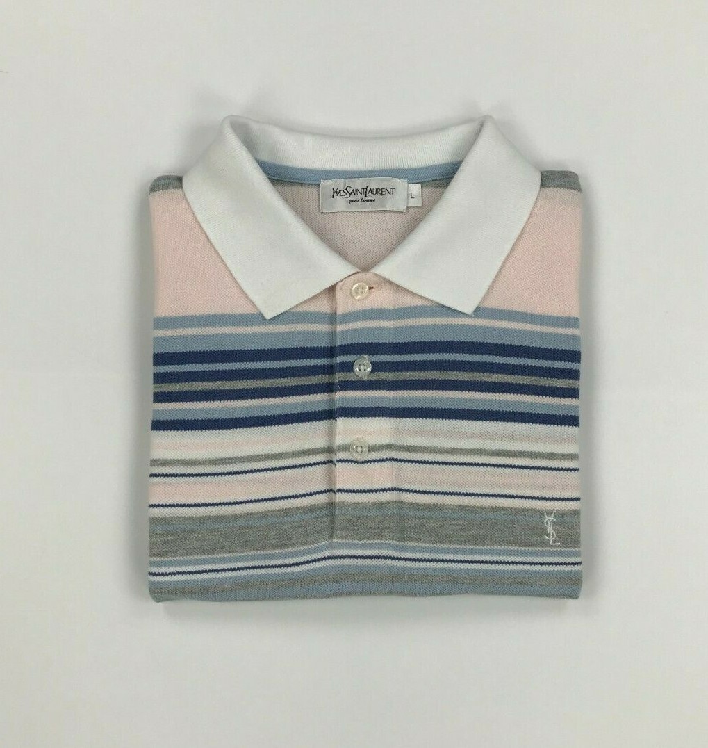 Polo Shirt uomo rosa pallido e blu a righe Yves Saint Laurent media vintage A B