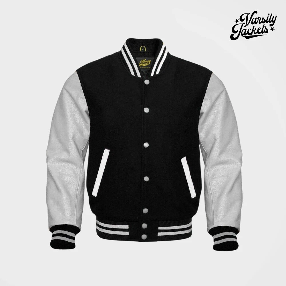 Black Wool Gray Sleeves Varsity Jacket Letterman Baseball Bomber