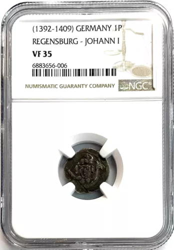 1392 -1409 SILVER BISHOPRIC REGENSBURG GERMAN STATES 1 PFENNIG JOHN NGC VF 35