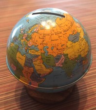 Vintage J Chein World Globe Tin Litho Coin Bank 4-3/4" High Made In USA