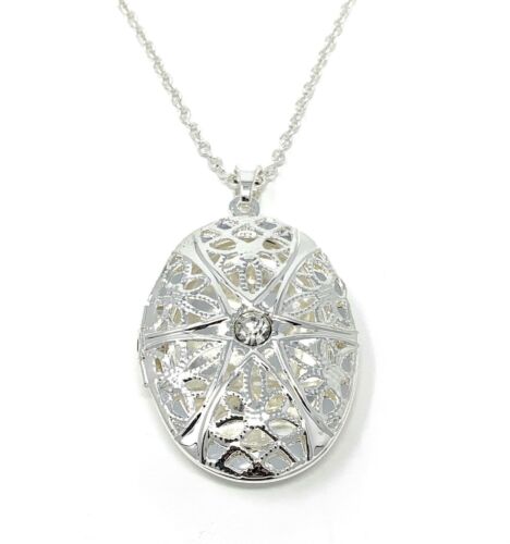 *UK* Silver Plated Open Victorian Filigree Oval Photo Locket Pendant Necklace - Picture 1 of 4
