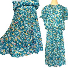 Vintage Teal Floral Swing Dress Flowy Colorful Blouson Unique Dancing Ruffle LG
