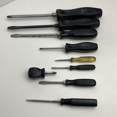 9x Vintage Snap-On Tools Schraubendreher. Schwarzer Griff (außer 1) flach & Kreuzschlitz