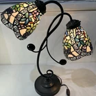 Vtg Tiffany Style Stained Glass Table Lamp Double Bronze Floral Multicolor