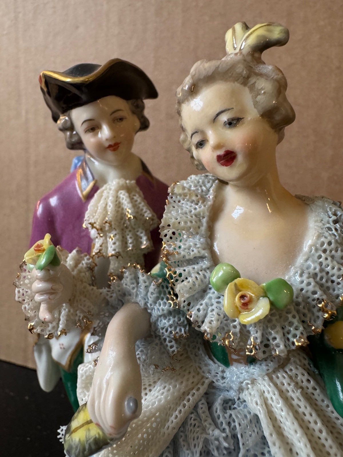 Vintage Dresden Art Germany Porcelain Lace Figurine Hand Painted Rococo Style