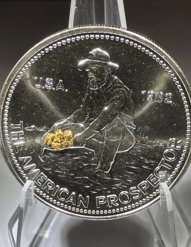 1982 Engelhard 1oz Silver American Prospector With GOLD NUGGETS BIG E LUSTERIOUS