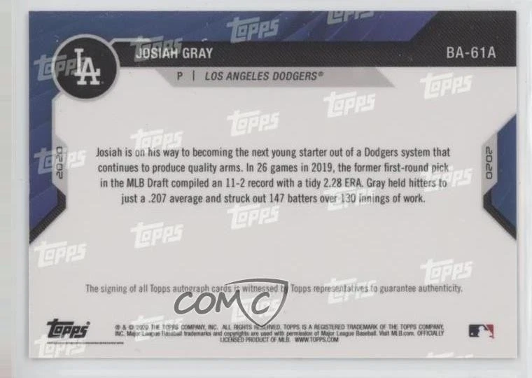 2020 Bowman Next Topps Now Baseball America Top 100 Prospects Josiah Gray Auto - Image 2 of 2