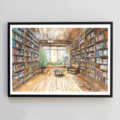 Haus Bibliothek Innenraum Aquarell Gemälde Illustration 7x5 Wanddeko Kunstdruck