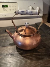 Vintage Copper Tea Kettle with Ceramic Blue White Handle and Knob