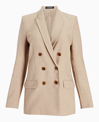 Express Women's Beige Double-Breasted Blazer Jacket M Lined Stretch Buttons