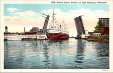 Racine Wisconsin Harbor Scene Steamship Passing Thru Drawbridge Postcard   29509