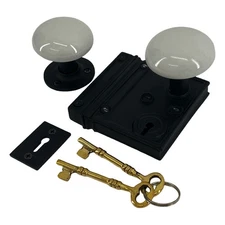 Victorian Style Square Cast Iron Rim Lock with White Porcelain Knobs