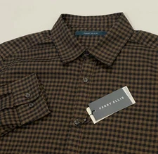 NEW Perry Ellis Flannel Shirt Men’s Medium Brown Plaid Cotten Blend Rain Drum