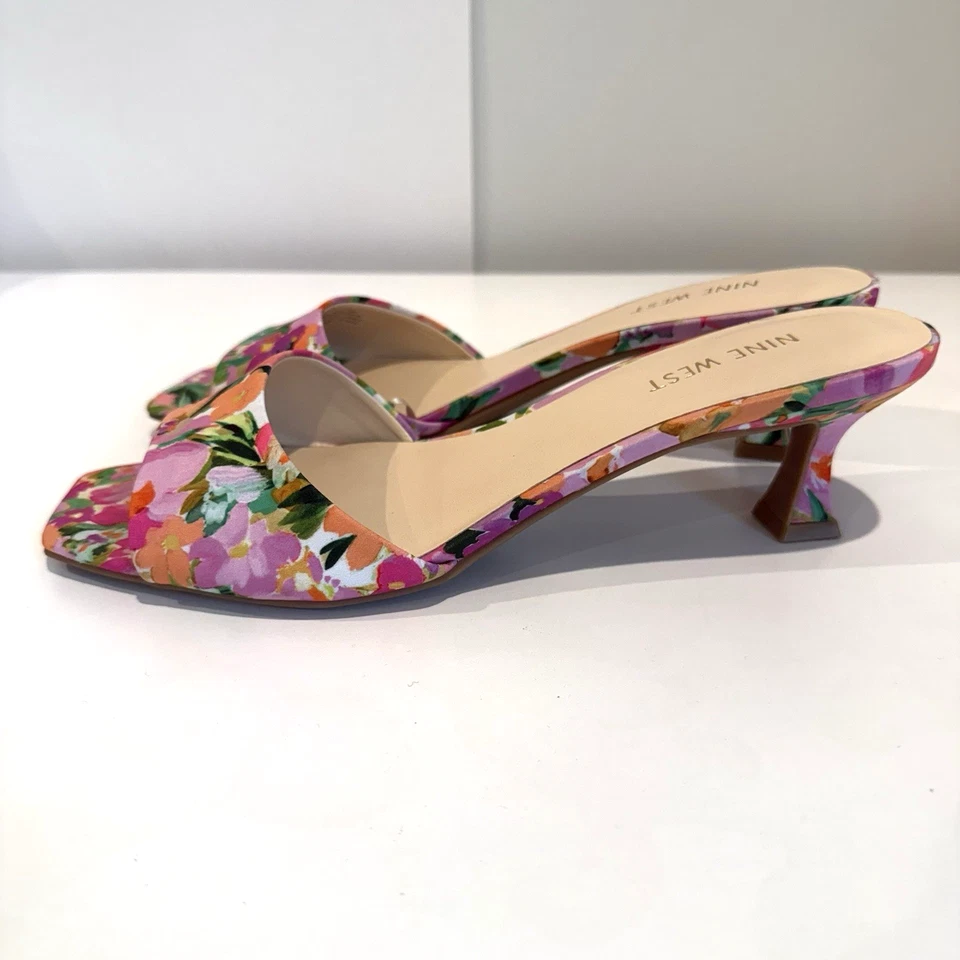 Nine West Kitten Heels Luvlie Slide Slip On Sandal Pink Floral Square Toe 9M - Image 3 of 4