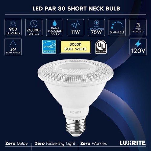 Luxrite 12-Pack PAR30 Short Neck LED Light Bulb 11W=75W 3000K 900LM Dimmable E26 - Picture 5 of 7