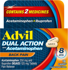 Advil Dual Action Back Pain Caplets Delivers 250Mg Ibuprofen and 500Mg 18 Count