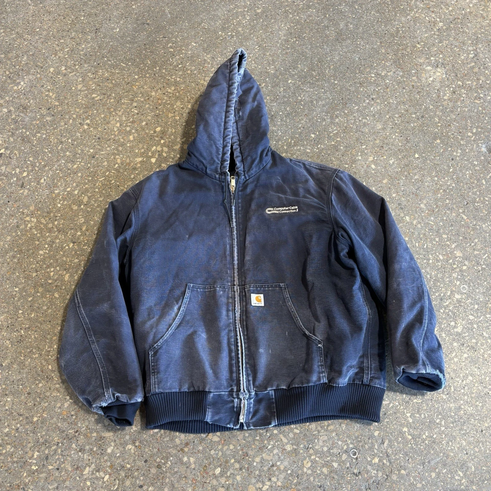 Vintage Carhartt J130 MDT Midnight Blue Hooded Distressed Jacket Mens Size 2XL