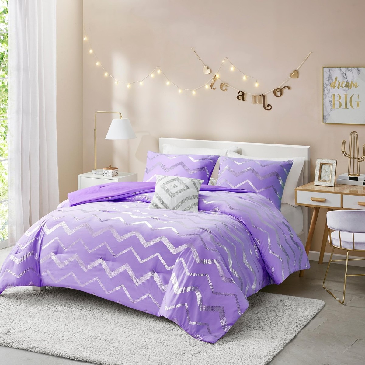 Codi Twin XL Bedding Set - Cute Purple Bed Set, Metallc Print