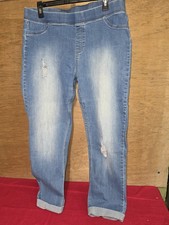 Ladies Light Wash Distressed Pull On Stretch Roll Tab Jeans XL
