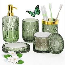 QIQU Green Glass Bathroom Accessories Set 5 Pcs, Green Bathroom Set, Soap Dispen