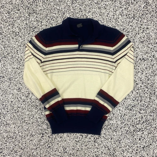Pull homme vintage Surpreme années 70 taille MOYENNE tricot acrylique bleu marine crème