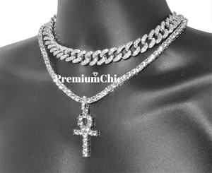 Authentic Gold Plated Men ANKH Pendant Tennis Necklace & Miami Cuban Choker CZ Jewelry SET