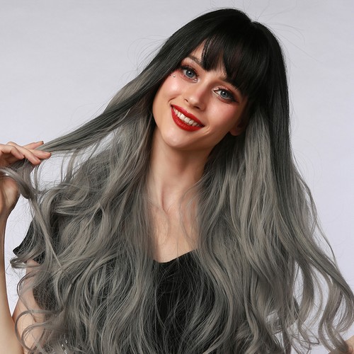 Long Hair Wigs with Bangs Wavy Hair with Hair Net Heat Resistant F2O1 - Picture 6 of 11