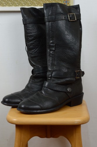 Belstaff Taupe Black Leather Motorcycle Boots Buckle Block Heel Size 40 - Picture 1 of 12