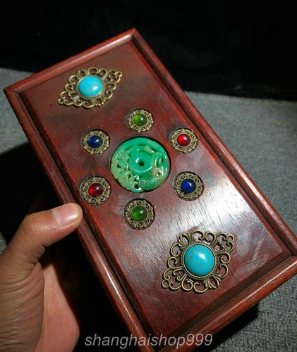 8.8" Old Chinese Huali Wood Inlay Green Jade Gem Carved Rectangle Jewelry Box - Picture 9 of 9