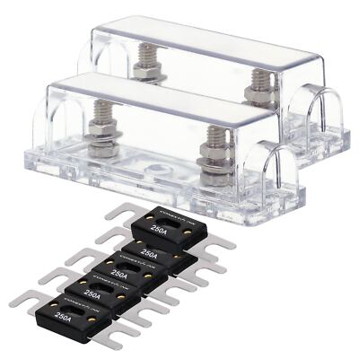 2 pcs ANL Fuse Holder Nickel 1/0 2 4 GA AWG Gauge Inline with 5 pcs 250A Fuses