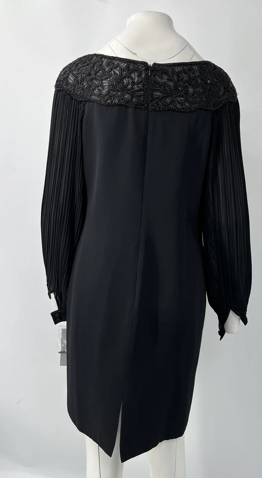 Vestido recto Teri Jon negro seda plisado manga adornado escote talla 8 nuevo con etiquetas Foto 3 de 4