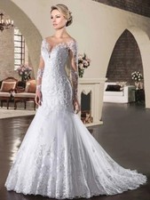 White Lace Applique Mermaid Wedding Dresses V-Neck Long Sleeves Bridal Gowns