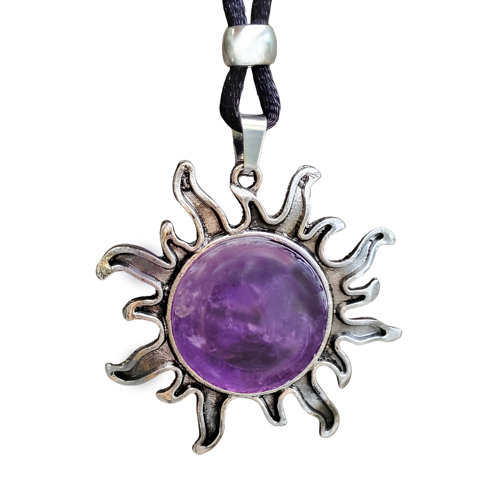 Amethyst Sun Pendant Gemstone Purple Crystal Healing Chakra Tie Cord Necklace